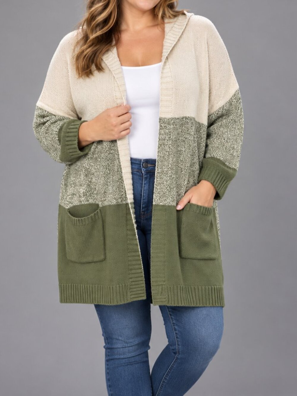 Tahari 3X Heavy Knit Hooded Long Cardigan Green Cream Color Block
